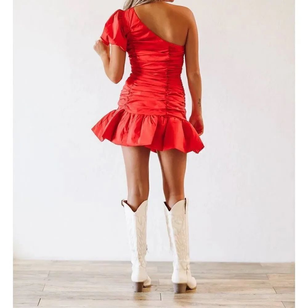 Main Strip Women’s Red One Shoulder Ruched Ruffle Mini Dress Size Small NEW - Picture 3 of 9